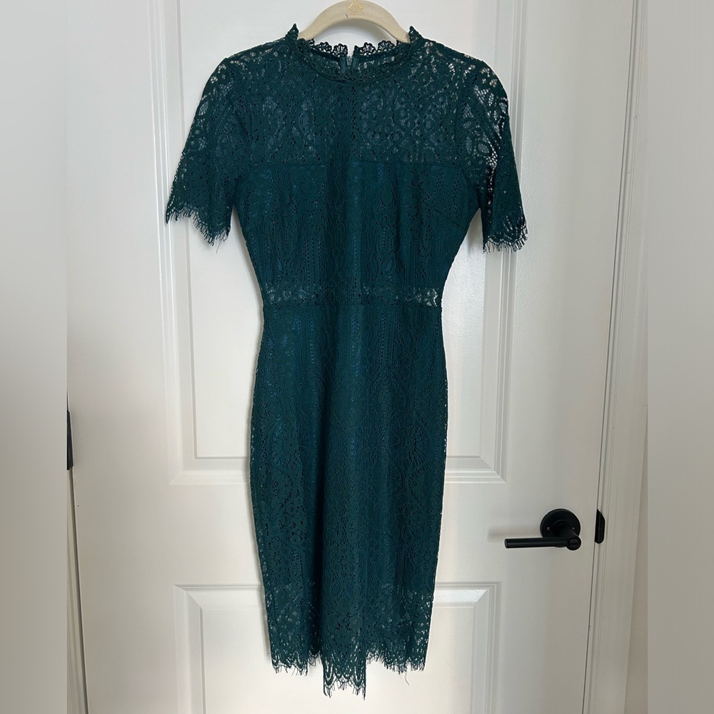 Lulus Remarkable Green Sheer Lace Short Sleeve Dress Size XS